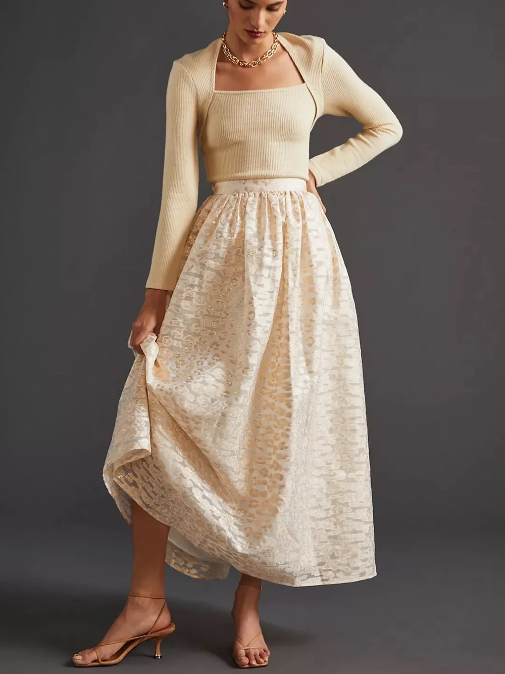 Pankaj & Nidhi Anthropologie Gold Metallic Jacquard Maxi Skirt 8969